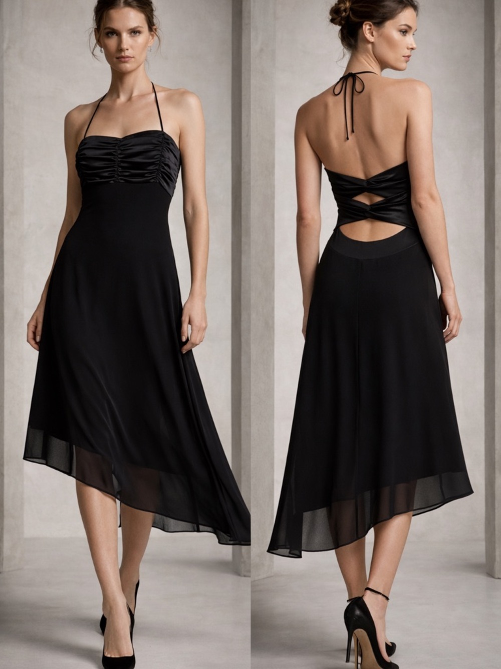 Black Halter-Back Asymmetric Midi Dress